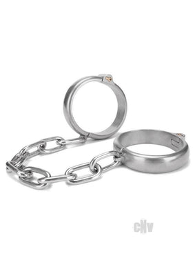 Heavy-duty stainless steel ankle cuffs connected by a sturdy chain for secure restraint.