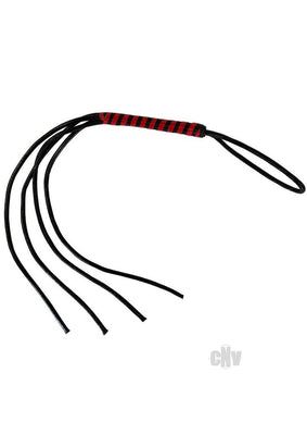 Prowler Red and Black heavy duty flogger with braided handle and five black tails on white background.