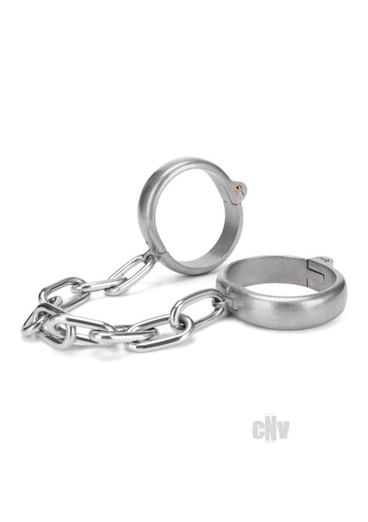 Heavy-duty stainless steel handcuffs with a secure locking mechanism and connecting chain.