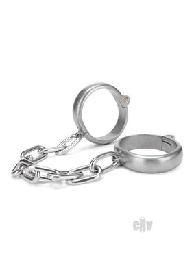Heavy-duty stainless steel handcuffs with a secure locking mechanism and connecting chain.
