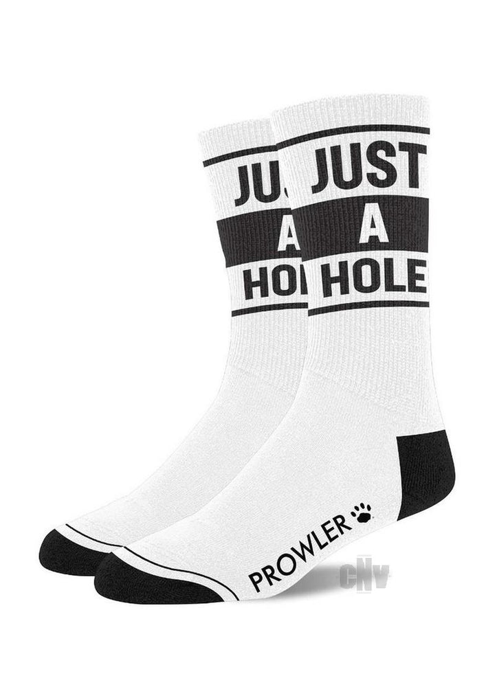 White crew socks with black toes, heels, and bold text reading "JUST A HOLE" and "PROWLER" branding on the side.