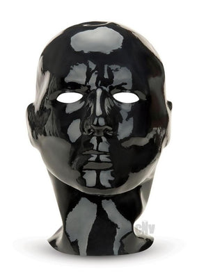 Glossy black latex hood with eye openings displayed on a mannequin head for sensory and role-play use.