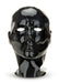 Glossy black latex hood with eye openings displayed on a mannequin head for sensory and role-play use.