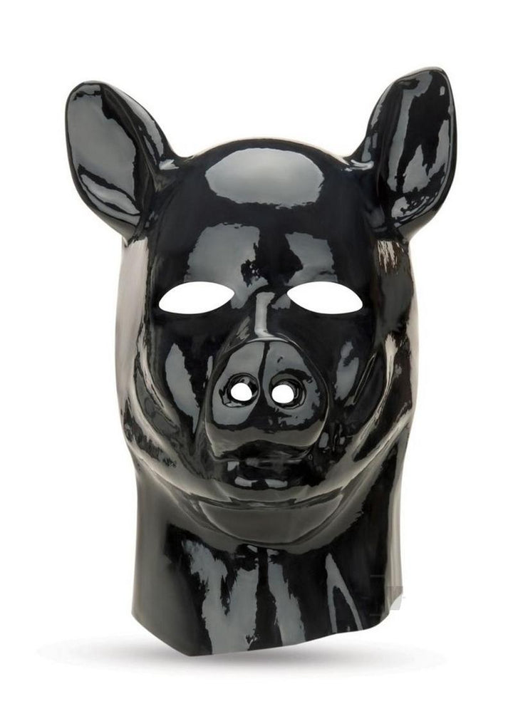 Glossy black latex pig hood with eye and nostril openings, featuring detailed ears and snout design.