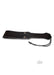 Black leather paddle with stitched handle and wrist strap, designed for intimate sensory play.
