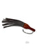 Black leather fringe paddle with polished wooden handle and wrist strap on white background