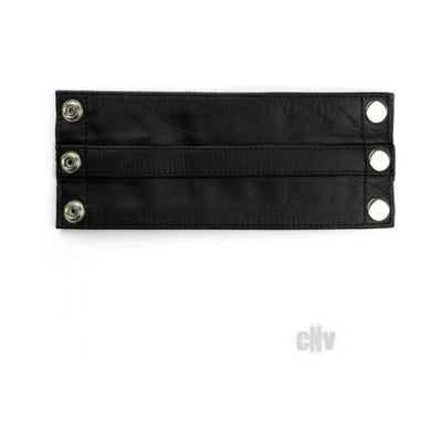 Black leather wrist wallet with metal snap fastenings and grommets for secure wear.