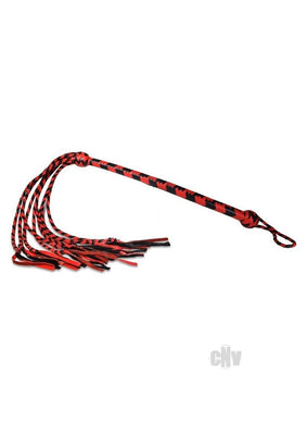 Red and black long handle flogger with multiple braided tails and wrist loop on white background