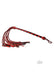 Red and black long handle flogger with multiple braided tails and wrist loop on white background