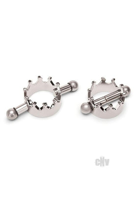 Pair of silver magnetic nipple clamps with crown-shaped design and smooth rounded ends on a white background.