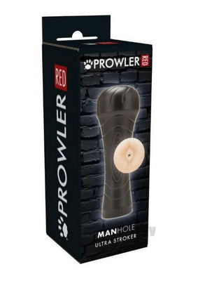 Packaging of Prowler Red Manhole Ultra Stroker male masturbator with realistic design and black textured background.