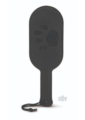 Black paddle with embossed paw print design and wrist strap for grip and control.