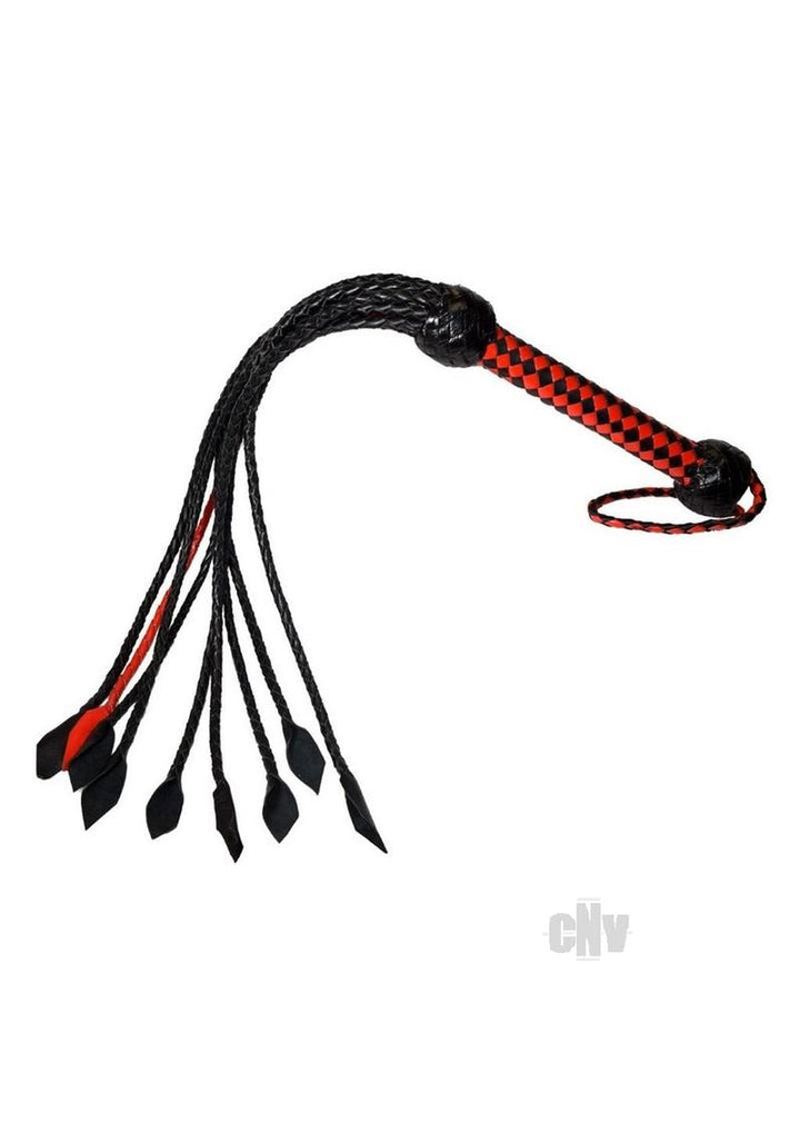Red and black short handle flogger with braided tails and paddle ends on a white background.