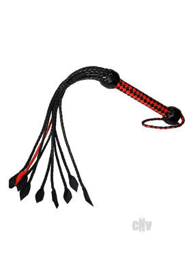 Red and black short handle flogger with braided tails and paddle ends on a white background.
