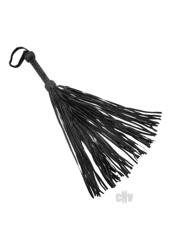 Black suede flogger with braided handle and multiple soft strands for sensory play.