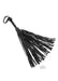 Black suede flogger with braided handle and multiple soft strands for sensory play.