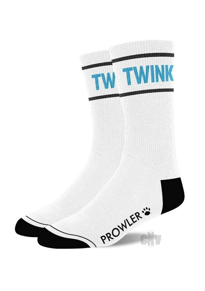 White crew socks with black toe and heel, blue "TWINK" text on cuff, and "PROWLER" branding on foot.