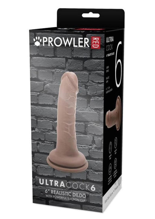 Packaging of Prowler Red Ultra Cock 6 Caramel realistic dildo with suction cup against a brick wall background.
