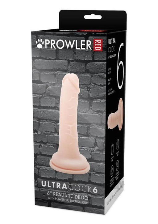 Packaging of Prowler Red Ultra Cock 6 Vanilla realistic dildo with suction cup, displayed against a brick wall background.