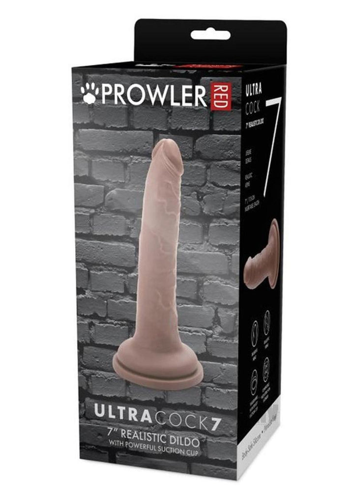 Packaging of Prowler Red Ultra Cock 7 Caramel realistic dildo with suction cup against a brick wall background.