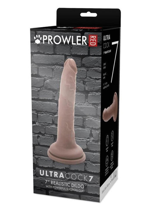 Packaging of Prowler Red Ultra Cock 7 Caramel realistic dildo with suction cup against a brick wall background.