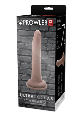 Packaging of Prowler Red Ultra Cock 7.5 realistic dildo in caramel color with suction cup base against a brick wall background.
