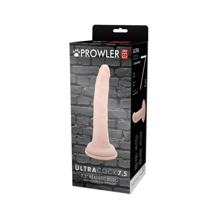 Prowler Red Ultra Cock 7.5-inch realistic dildo with suction cup in vanilla color displayed on product packaging.