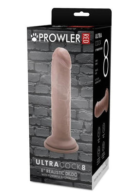 Packaging of Prowler Red Ultra Cock 8 Caramel realistic dildo with suction cup and lifelike details against a brick wall background.