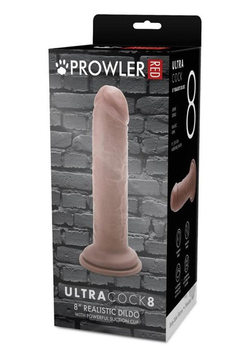 Packaging of Prowler Red Ultra Cock 8 Caramel realistic dildo with suction cup and lifelike details against a brick wall background.
