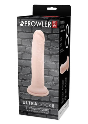 Packaging of Prowler Red Ultra Cock 8 Vanilla, an 8-inch realistic dildo with suction cup base.