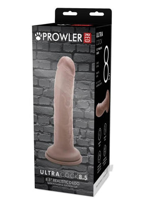 Packaging box of Prowler Red Ultra Cock 8.5 realistic dildo in caramel color with suction cup base.