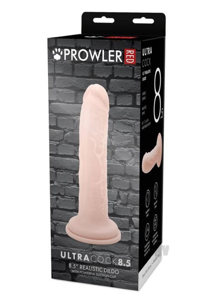 Packaging of Prowler Red Ultra Cock 8.5 Vanilla realistic dildo with suction cup base against a brick wall background.