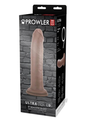 Packaging of Prowler Red Ultra Cock 9 Caramel realistic dildo with suction cup against a brick wall background.