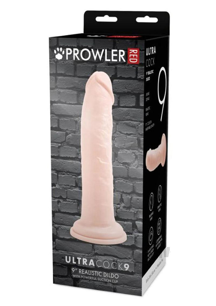 Prowler Red Ultra Cock 9 Vanilla realistic dildo with suction cup base displayed on product packaging against a brick wall background.