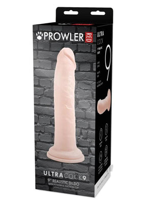 Prowler Red Ultra Cock 9 Vanilla realistic dildo with suction cup base displayed on product packaging against a brick wall background.