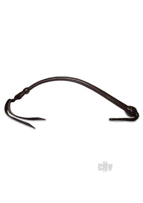 Brown leather plaited whip with a braided handle and two loose leather tails on a white background.