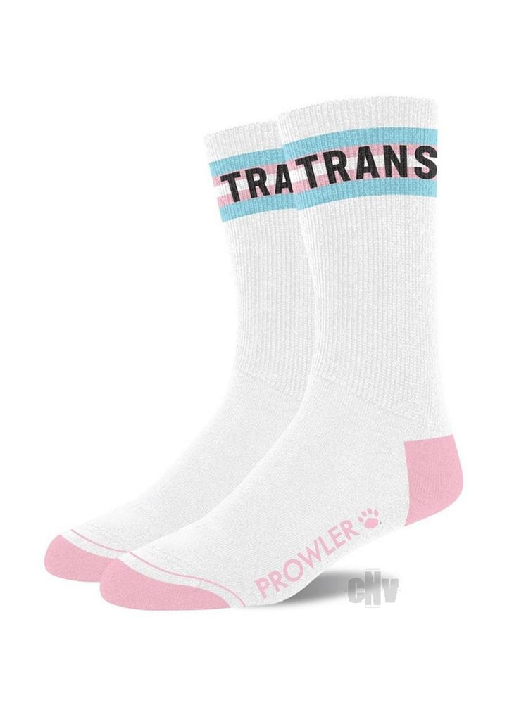 White crew socks with pink heels and toes, featuring blue and pink stripes and the word "TRANS" at the top, and "PROWLER" branding on the foot.