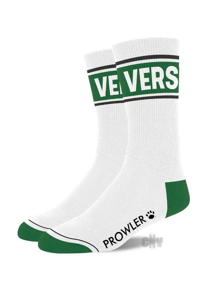 White crew socks with green heel and toe accents, featuring a bold green "VERS" band and Prowler logo on the sole.