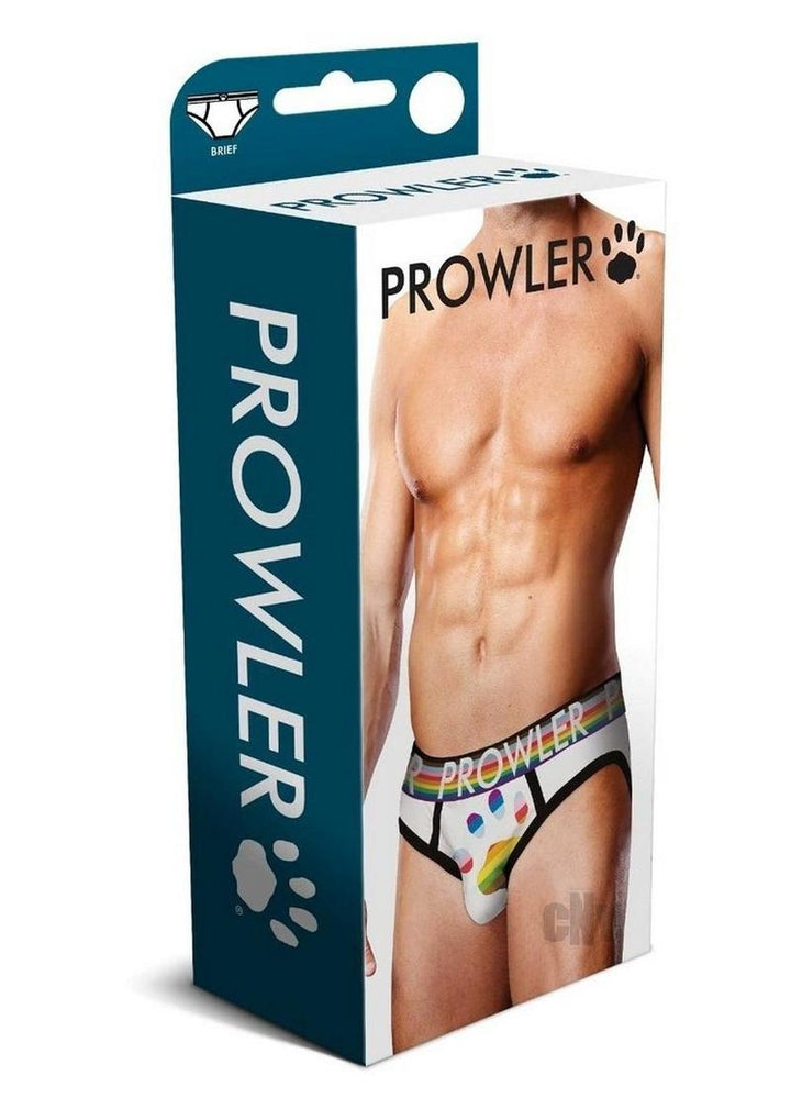Packaging of Prowler White Oversized Paw Brief featuring a male model wearing white briefs with rainbow waistband and colorful paw print design.