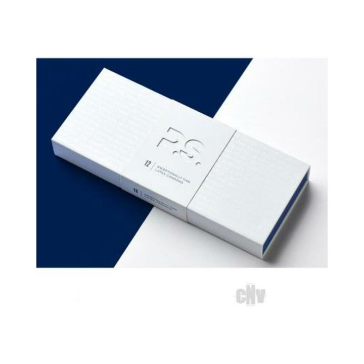 White minimalist box of Ps Exceptionally Thin Latex Condoms 12-pack on a blue and white background