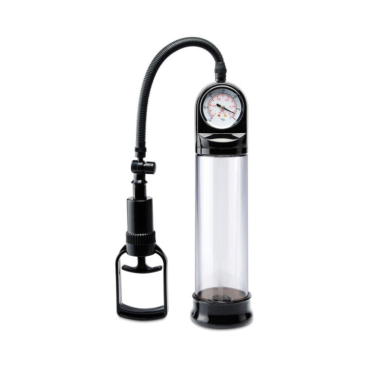 Pump Worx Accu-Meter Power Pump in black with clear cylinder, pressure gauge, and hand pump handle for controlled vacuum sessions.