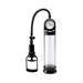 Pump Worx Accu-Meter Power Pump in black with clear cylinder, pressure gauge, and hand pump handle for controlled vacuum sessions.