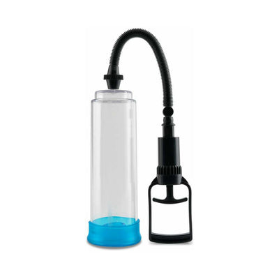 Clear vacuum pump with blue base, flexible hose, and black hand pump handle for size enhancement training.