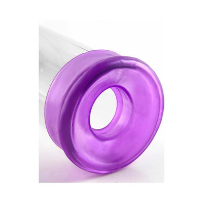 Close-up of a clear vacuum cylinder with a soft purple silicone sleeve for the Pump Worx Cock Trainer Pump System.