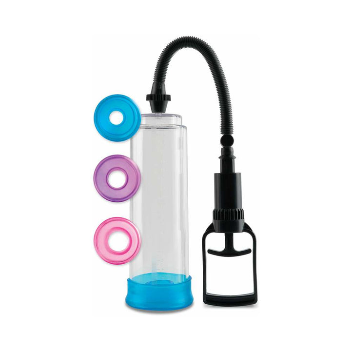 Pump Worx Cock Trainer Pump System with clear cylinder, black hand pump, flexible hose, and three colorful silicone sleeves.