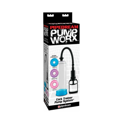 Pump Worx Cock Trainer Pump System with clear cylinder, black hand pump, and three colored sleeves in packaging box.