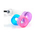 Clear vacuum pump cylinder with three colorful soft silicone sleeves in blue, pink, and purple for gradual training.