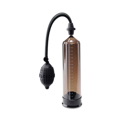 Black Euro Pump with smoky transparent cylinder, flexible hose, and textured hand pump for controlled vacuum pressure.