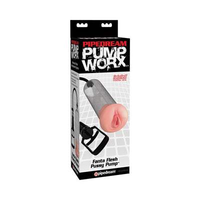 Packaging of Pump Worx Fanta Flesh Pussy Pump featuring a clear vacuum cylinder and soft lifelike sleeve with hand pump handle.