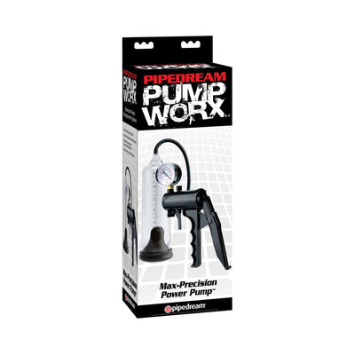 Pump Worx Max Precision Power Pump in black with clear vacuum cylinder and pressure gauge in retail packaging.